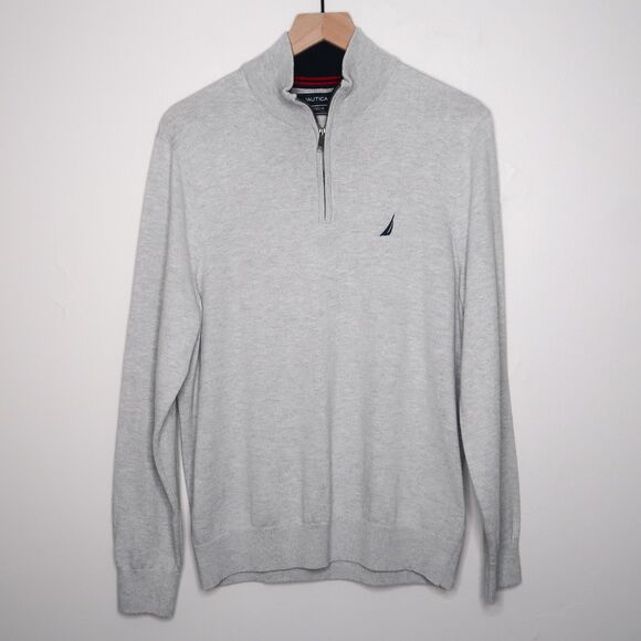 Nautica‎ Mens Quarter Zip Sweater Size Medium Gray Navtech Preppy Academia Y2K - Picture 1 of 7
